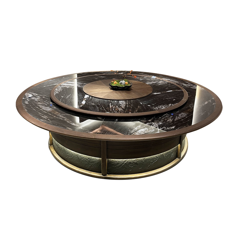 Electric Round Dining Table with Marble Lazy Susan & Solid Wood Base in Modern Chinese Style