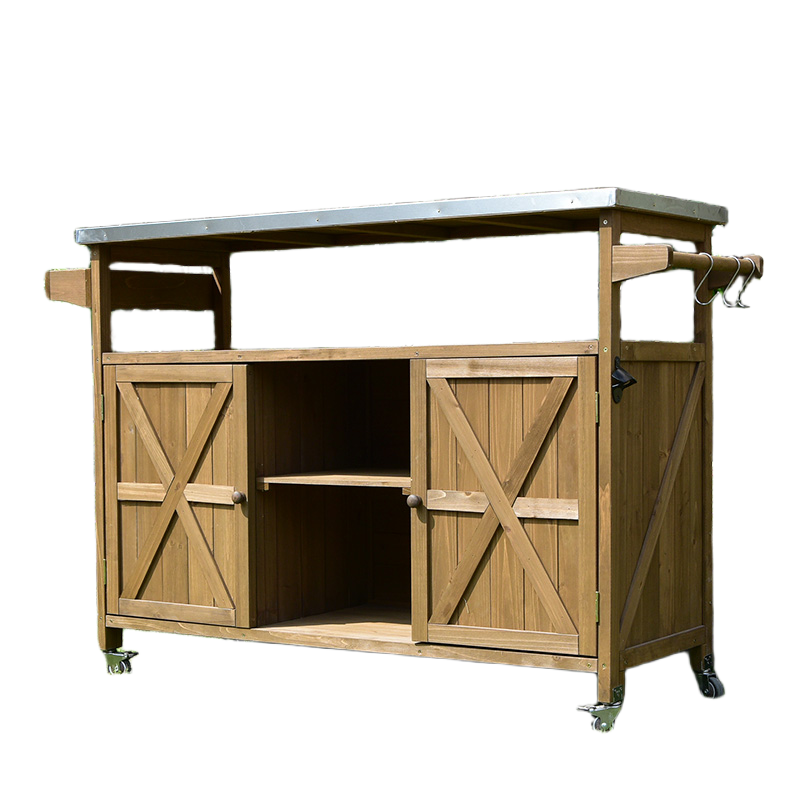Outdoor Solid Wood Serving Cart – Mobile Storage & Prep Table with Wheels for Garden Use, Weather-Resistant