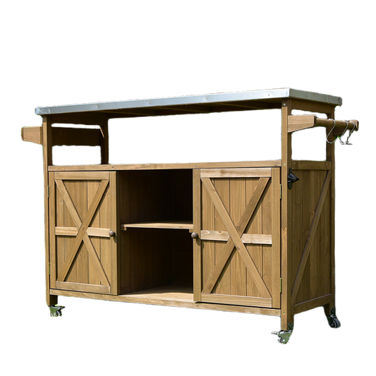 Outdoor Solid Wood Serving Cart – Mobile Storage & Prep Table with Wheels for Garden Use, Weather-Resistant