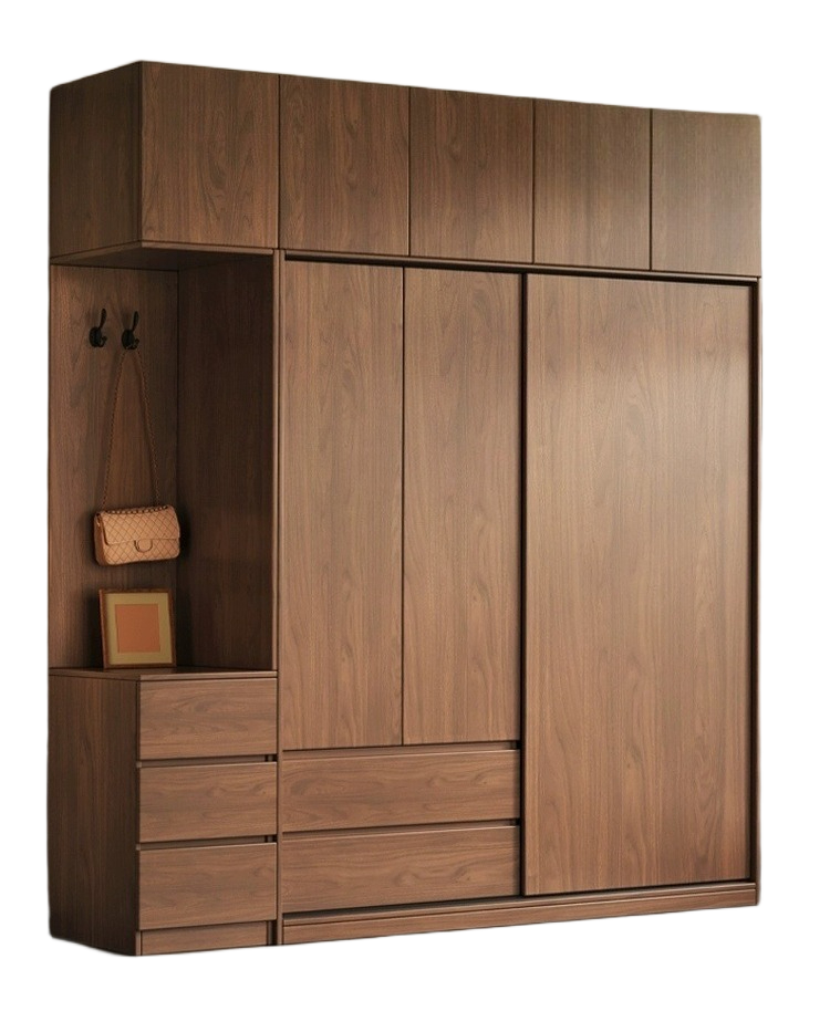 Walnut Sliding Door Wardrobe – Solid Wood Closet for Bedroom Storage & Kids' Clothes