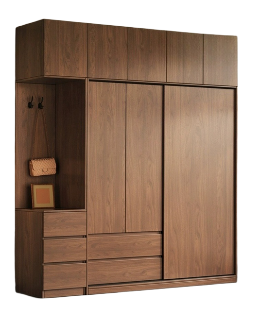 Walnut Sliding Door Wardrobe – Solid Wood Closet for Bedroom Storage & Kids' Clothes