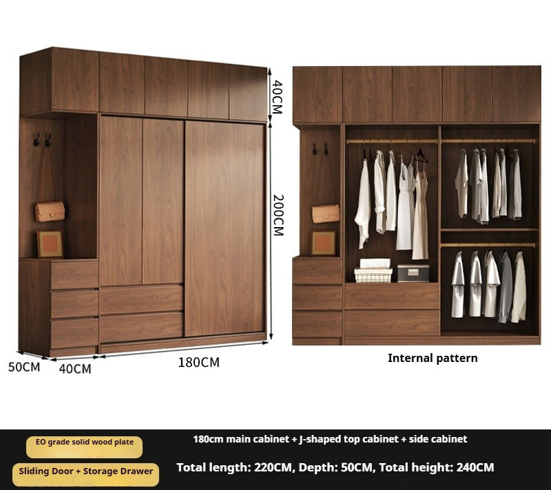 Walnut Sliding Door Wardrobe – Solid Wood Closet for Bedroom Storage & Kids' Clothes
