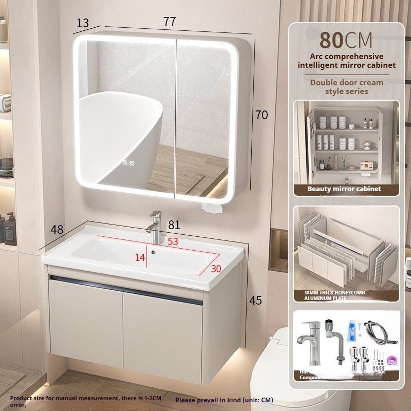 Cream-Style Honeycomb Aluminum Bathroom Vanity – Ceramic Basin Set with Smart Curved Mirror Cabinet & Tissue Slot