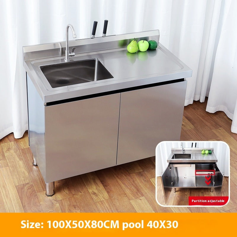 Stainless Steel Prep & Checkout Table – Integrated Sink, Workstation & Storage Cabinet for Kitchen or Retail Use