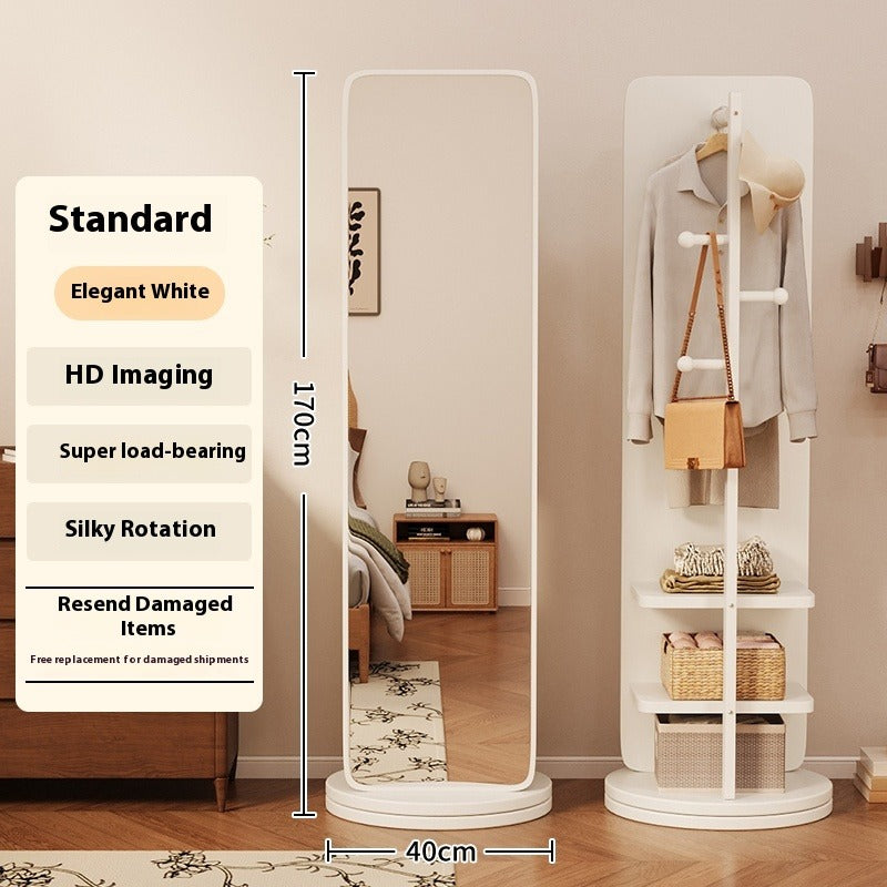 Rotating Full-Length Mirror with Coat Rack – Freestanding Dressing Mirror with Hooks and Wheels for Bedroom Use
