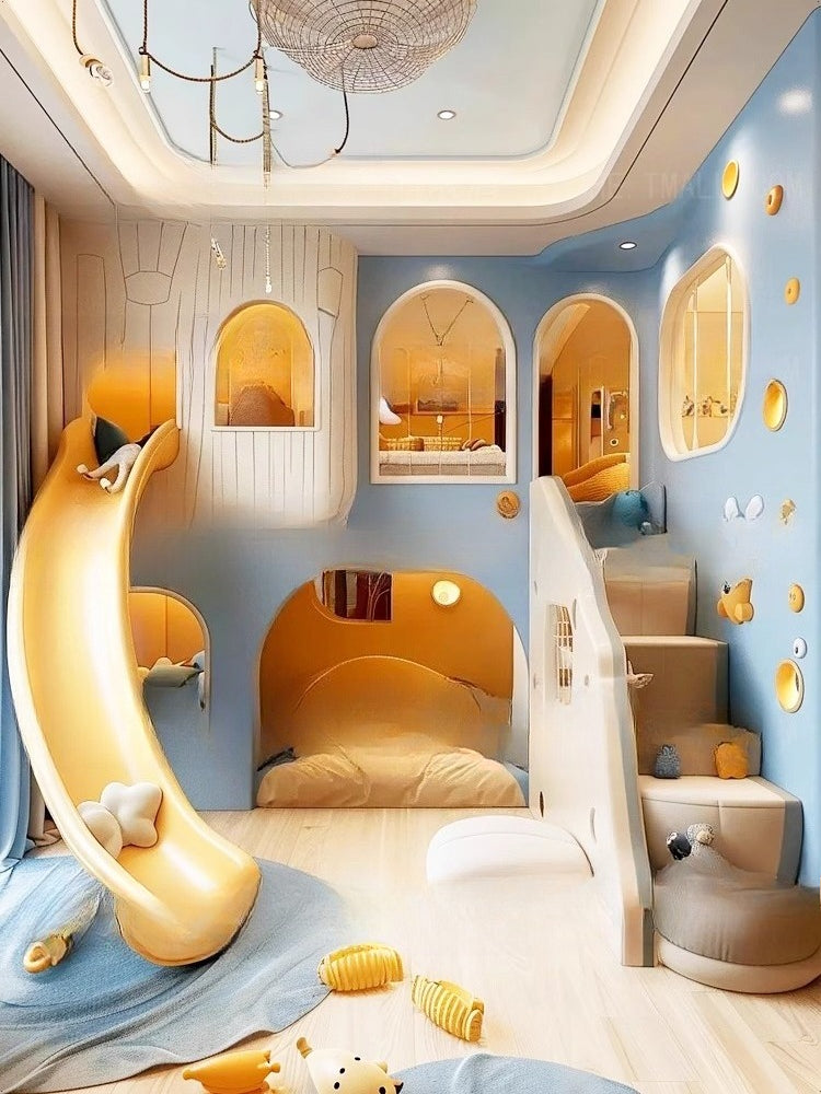 Double Bunk Bed with Castle Design, Solid Wood Slide, and Customizable Playhouse for Kids