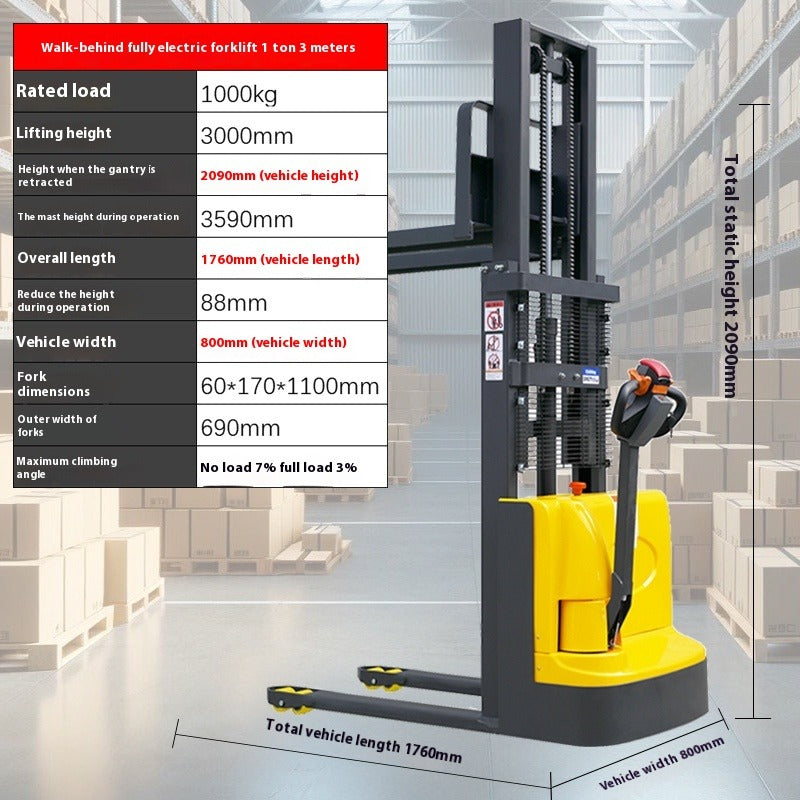 Compact Full Electric Forklift Stacker with Hydraulic Lift for Loading, Unloading & Pallet Handling