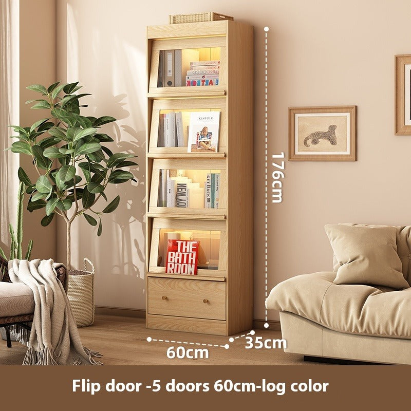 Walnut Glass Door Bookshelf with LED – Modular Dustproof Floor Cabinet for Home Display & Storage