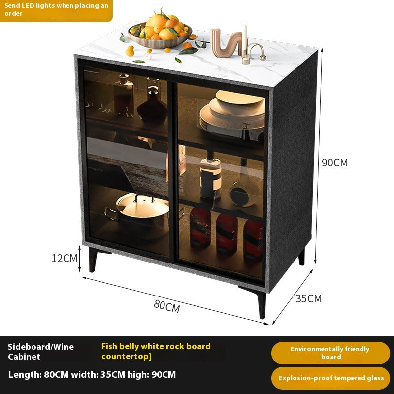 Custom Sintered Stone Sideboard with Sliding Glass Doors – Modern Luxury Cabinet with Motion Sensor Light for Kitchen & Dining