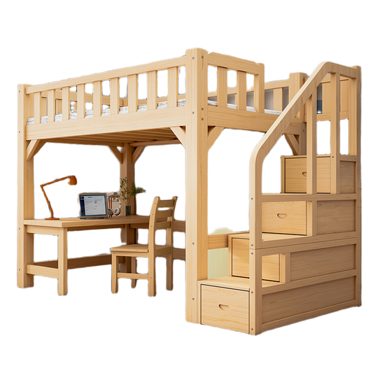 Elegant Multi-Functional Solid Wood Loft Bed with Desk and Storage, New Standard Double Size Bunk Bed for Kids and Adults with Free Mattress