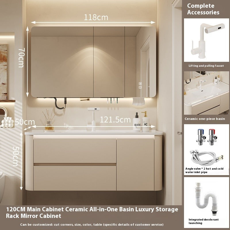 Custom All Designs - Cream-Style Bathroom Vanity Set – Integrated Ceramic Basin with Smart Multi-Function Mirror Cabinet