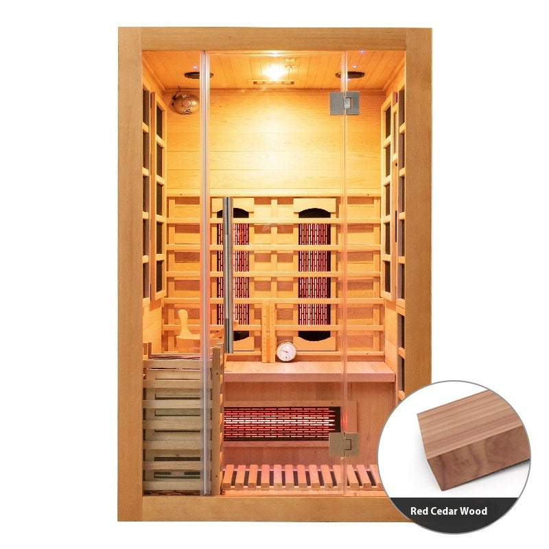 Solid Wood Home Sauna Room with Dual System, Infrared & Dry Steam, Volcanic Stone Therapy Cabin