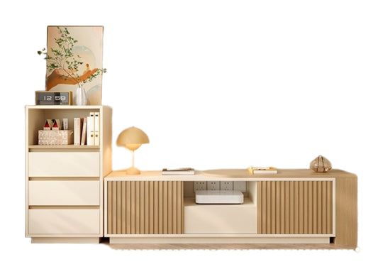 Adjustable Cream-Style TV Cabinet Set – Solid Wood Wall Unit with Tall Storage for Small Bedrooms