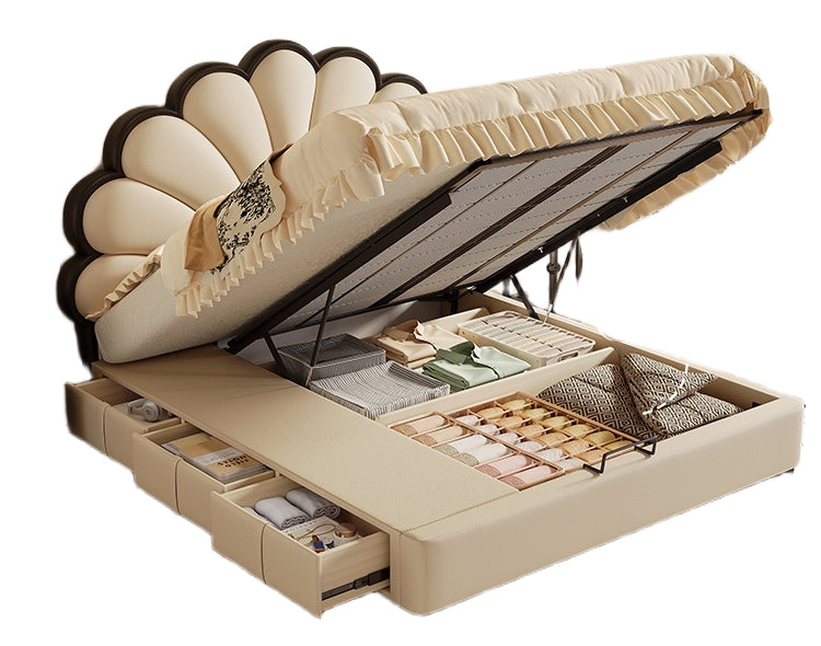 Custom All Designs - Elegant Floral Leatherette Bed with Storage and Headboard - Multiple Sizes Available