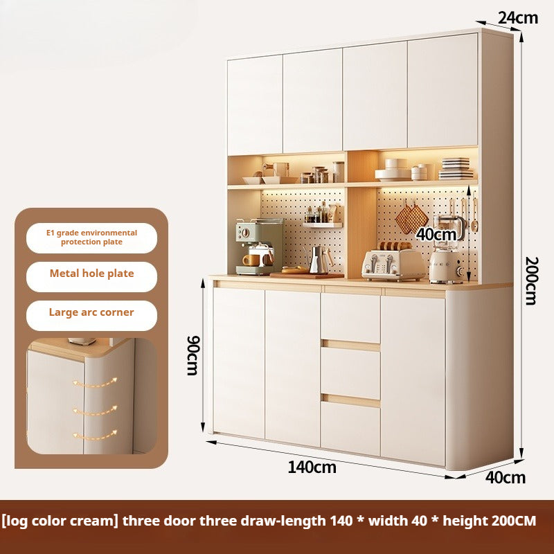 Cream-Style Rounded Corner Sideboard – Wall-Mounted Wooden Wine & Storage Cabinet with Pegboard for Kitchen or Living Room