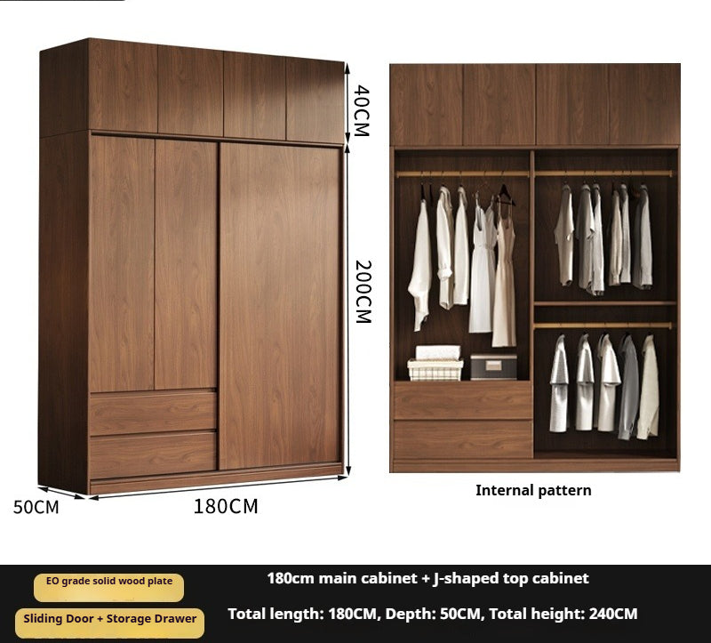 Walnut Sliding Door Wardrobe – Solid Wood Closet for Bedroom Storage & Kids' Clothes