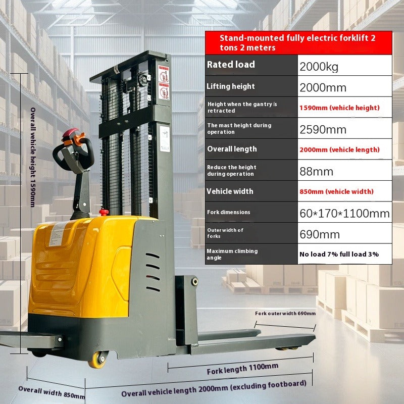 Compact Full Electric Forklift Stacker with Hydraulic Lift for Loading, Unloading & Pallet Handling