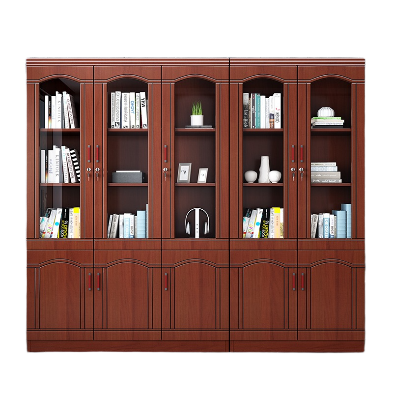 Chinese-Style Solid Wood Office Cabinet – Floor Standing Bookshelf with Glass Doors & File Storage