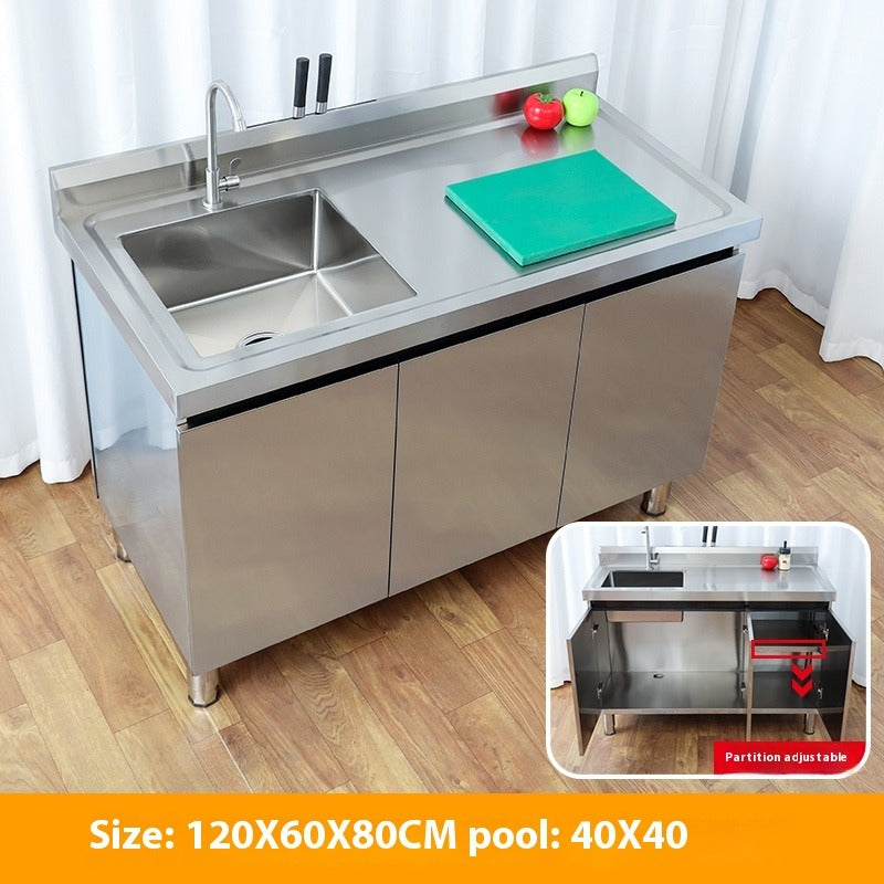 Stainless Steel Prep & Checkout Table – Integrated Sink, Workstation & Storage Cabinet for Kitchen or Retail Use