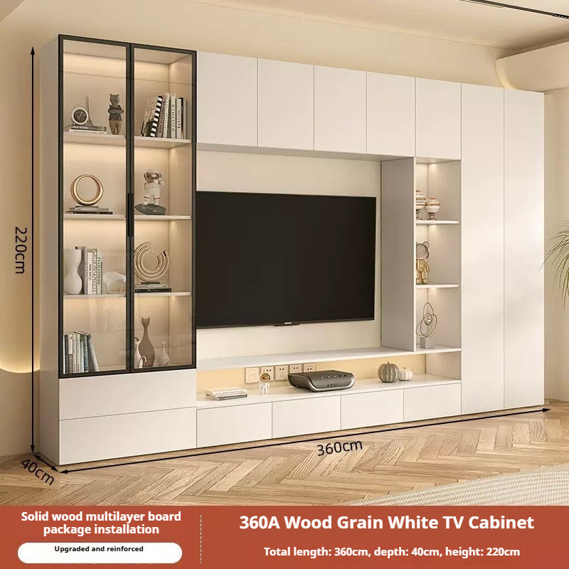 Solid Wood TV Cabinet Set – Cream-Style All-in-One Media Wall Unit with Storage for Living Room