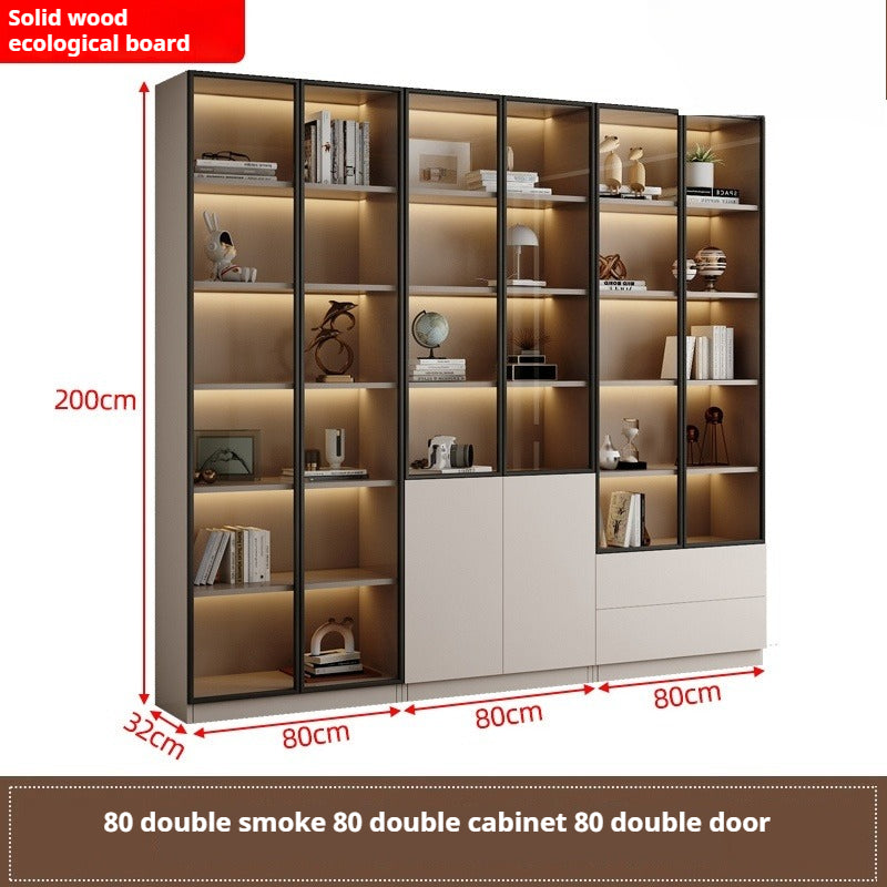 Custom Full-Wall Chinese Bookshelf – Solid Wood Display Cabinet with Glass Doors & Thick Reinforced Back Panel