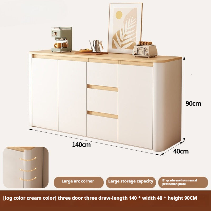 Cream-Style Rounded Corner Sideboard – Wall-Mounted Wooden Wine & Storage Cabinet with Pegboard for Kitchen or Living Room