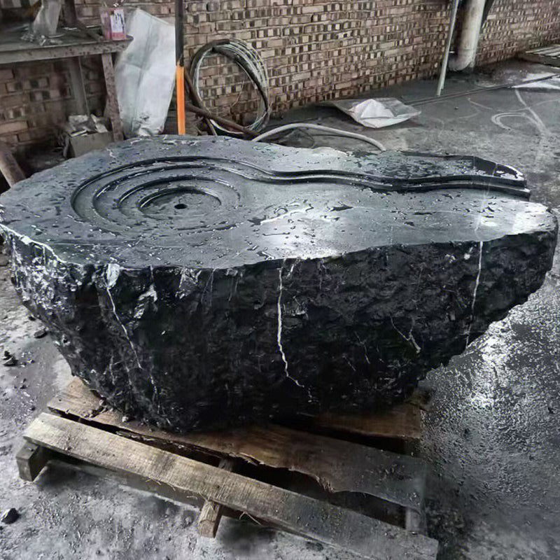 Black Basalt Stone Water Bowl Fountain with Pump & Hose for Courtyard Landscape in Modern Chinese Style
