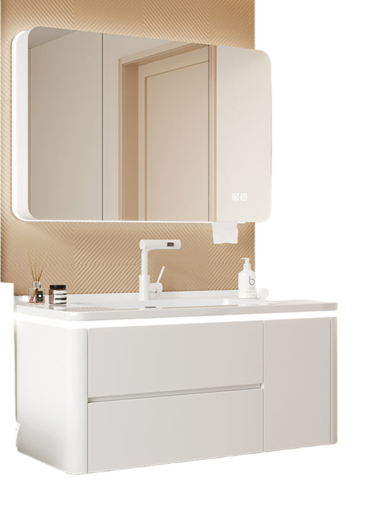 Cream-Style Oak Bathroom Vanity – Ceramic Integrated Basin Cabinet Set for Modern Bathrooms