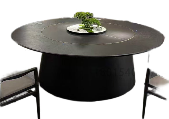 Electric Round Dining Table with Sintered Stone Lazy Susan & Solid Wood Base for Hotel Private Rooms