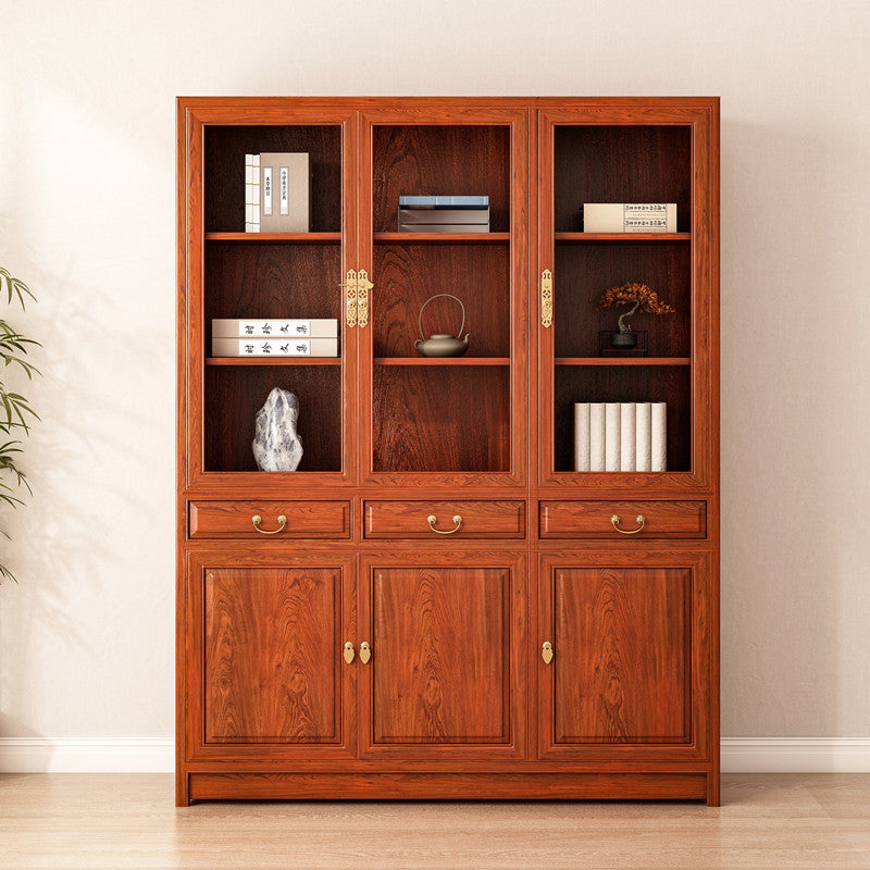 Chinese-Style Solid Wood Bookshelf - Elm Carved Storage Cabinet with Doors for Study or Office