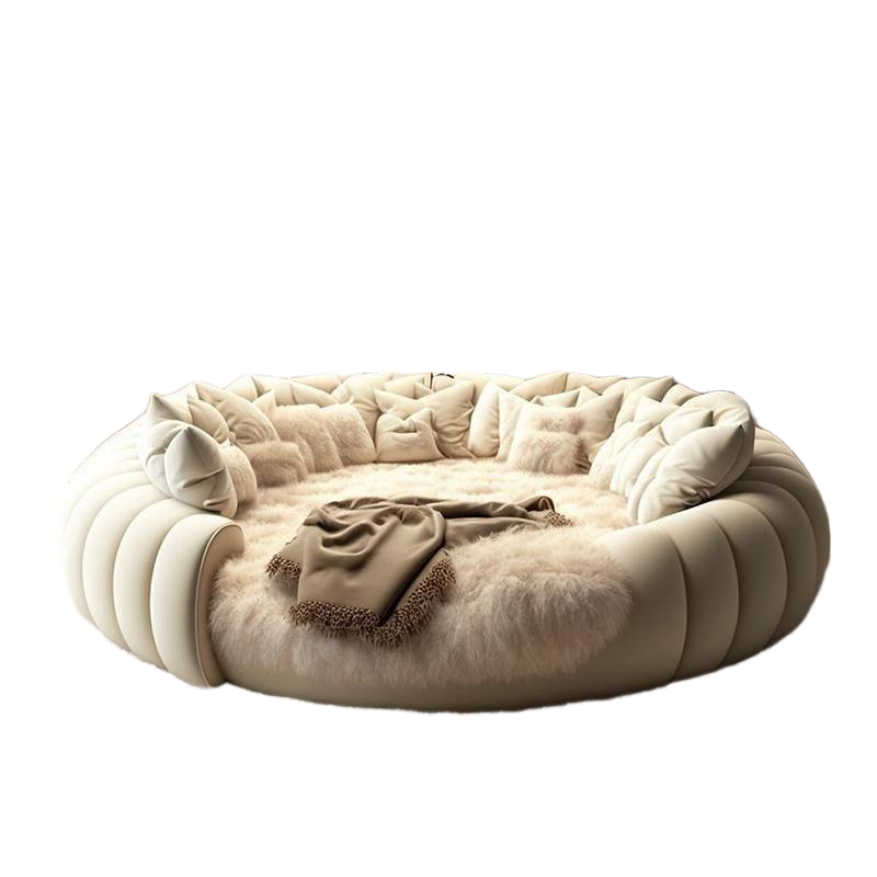 Cream-Style Round Bed – Modern Double Princess Wedding Bed with Spring & Latex Mattress for Home or Hotel