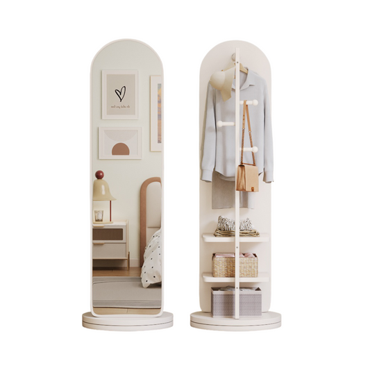 Rotating Full-Length Mirror with Coat Rack – Freestanding Dressing Mirror with Hooks and Wheels for Bedroom Use
