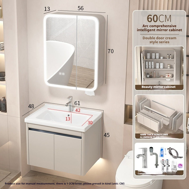 Cream-Style Honeycomb Aluminum Bathroom Vanity – Ceramic Basin Set with Smart Curved Mirror Cabinet & Tissue Slot
