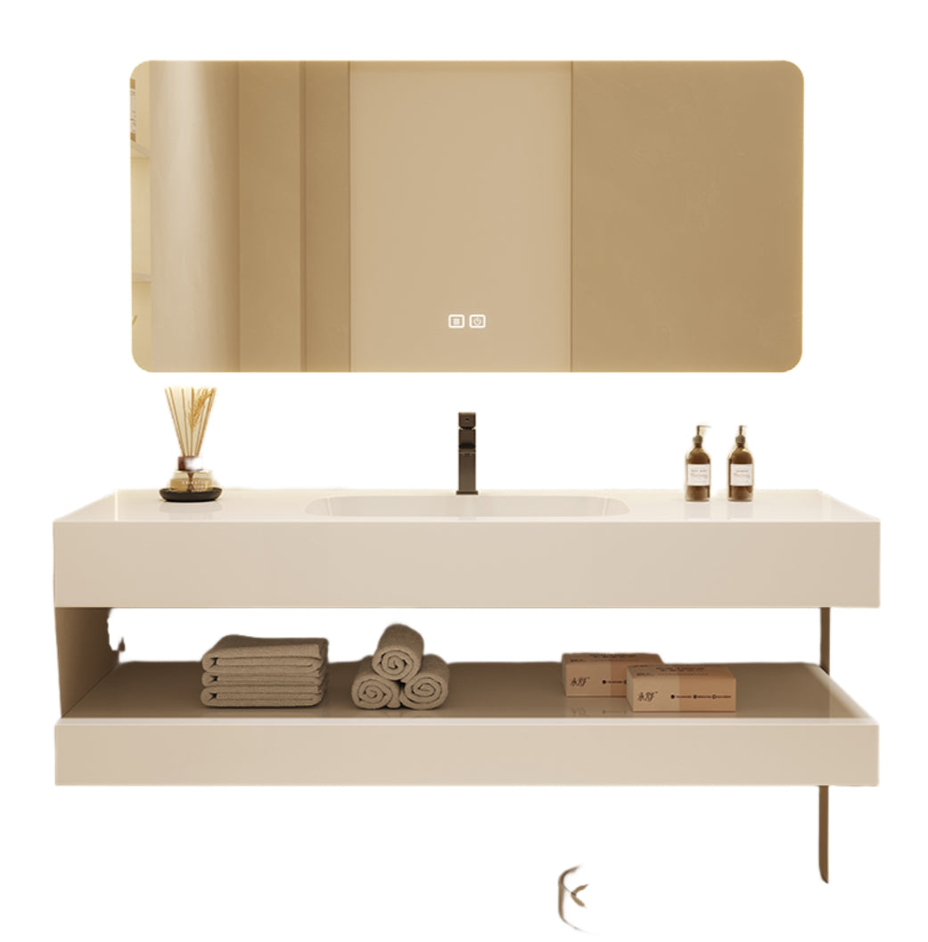 Cream-Style Bathroom Vanity – Seamless Sintered Stone & Ceramic Basin Set with Smart LED Half-Round Mirror