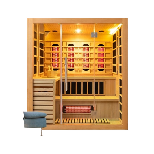 Solid Wood Home Sauna Room with Dual System, Infrared & Dry Steam, Volcanic Stone Therapy Cabin