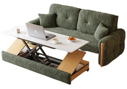 Vintage Cream Convertible Sofa Bed - Solid Wood Frame with Electric Lift Table (Coir Mattress, Space-Saving)