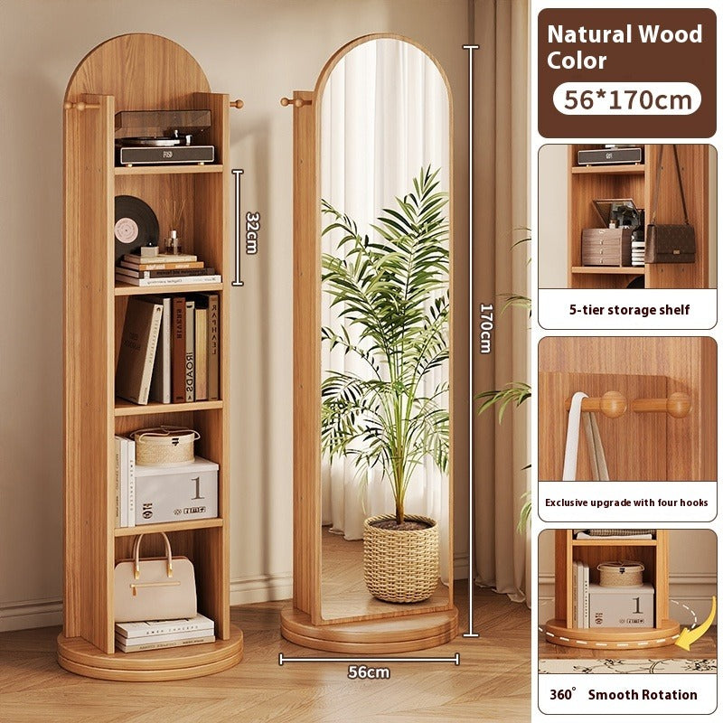 Rotating Full-Length Mirror with Coat Rack – Freestanding Dressing Mirror with Hooks and Wheels for Bedroom Use