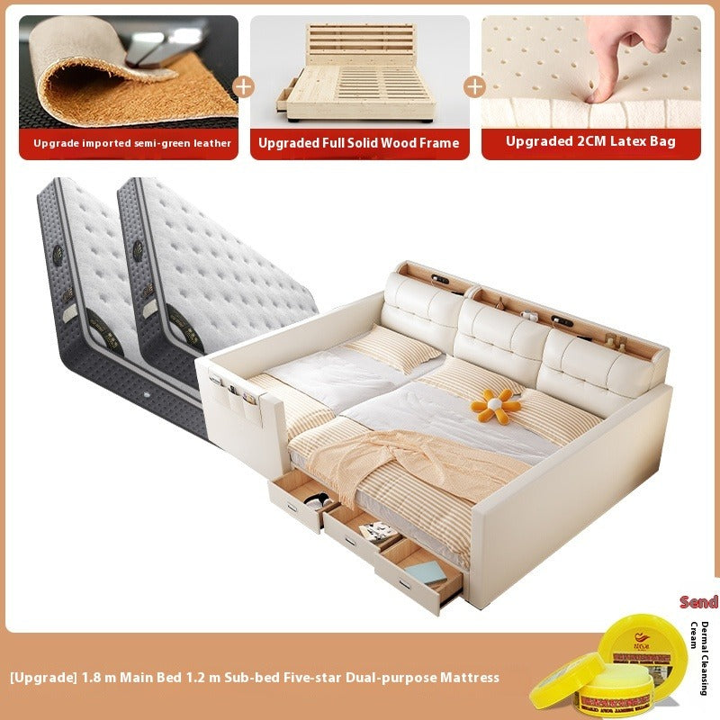 New Elegant Extra-Large Splicing Leather Bed with 2M L-Shape Mattress and 2-Child Storage