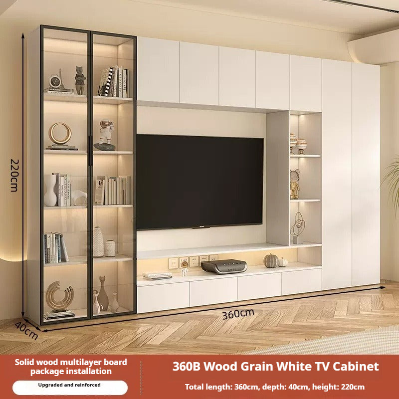 Solid Wood TV Cabinet Set – Cream-Style All-in-One Media Wall Unit with Storage for Living Room