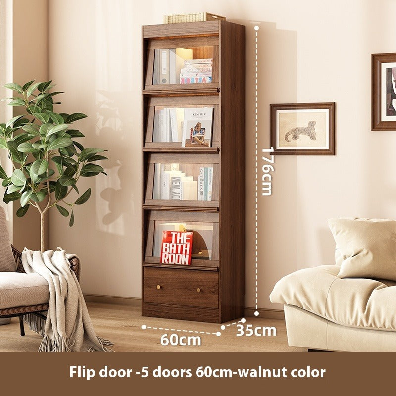Walnut Glass Door Bookshelf with LED – Modular Dustproof Floor Cabinet for Home Display & Storage
