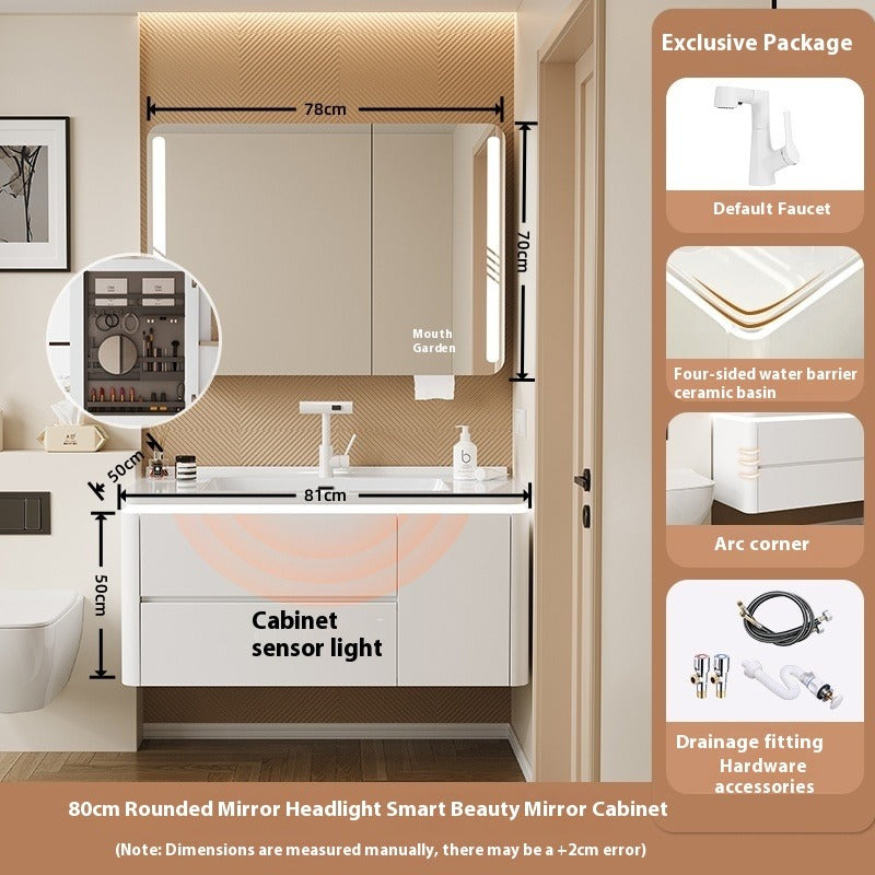 Cream-Style Oak Bathroom Vanity – Ceramic Integrated Basin Cabinet Set for Modern Bathrooms