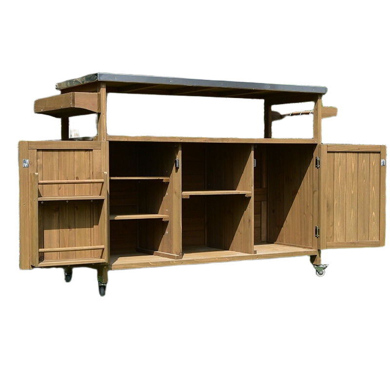 Outdoor Solid Wood Serving Cart – Mobile Storage & Prep Table with Wheels for Garden Use, Weather-Resistant