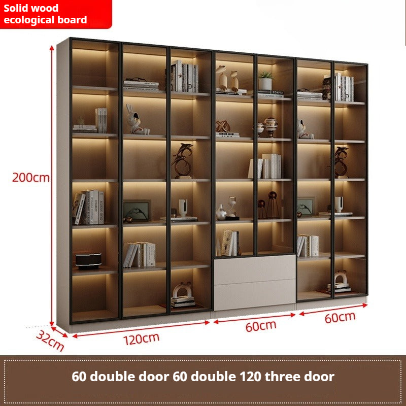 Custom Full-Wall Chinese Bookshelf – Solid Wood Display Cabinet with Glass Doors & Thick Reinforced Back Panel