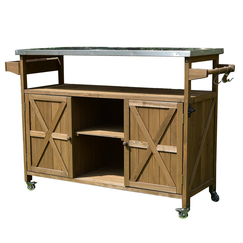 Outdoor Solid Wood Serving Cart – Mobile Storage & Prep Table with Wheels for Garden Use, Weather-Resistant