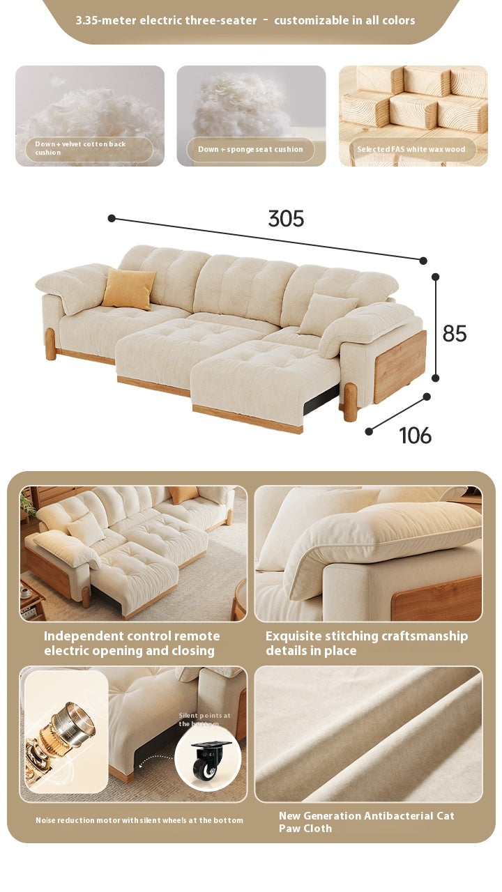 Electric Extendable Fabric Sofa Bed in Japandi Cream Style with Wood Frame for Small Living Rooms