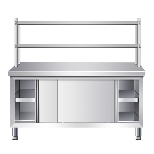 Stainless Steel Work Table with Upper Shelf – Commercial Kitchen Prep Station with Storage Cabinet & Cutting Surface