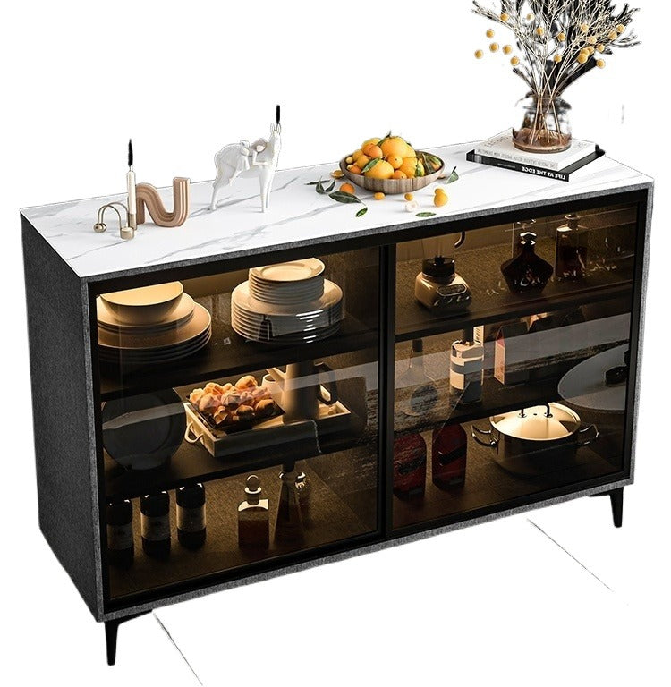 Custom Sintered Stone Sideboard with Sliding Glass Doors – Modern Luxury Cabinet with Motion Sensor Light for Kitchen & Dining