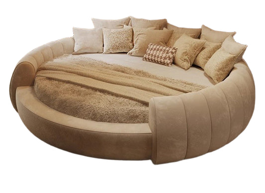 Cream Puff Round Bed – Italian Minimalist Velvet Double Bed with Latex Mattress for Master Bedroom & Wedding Use