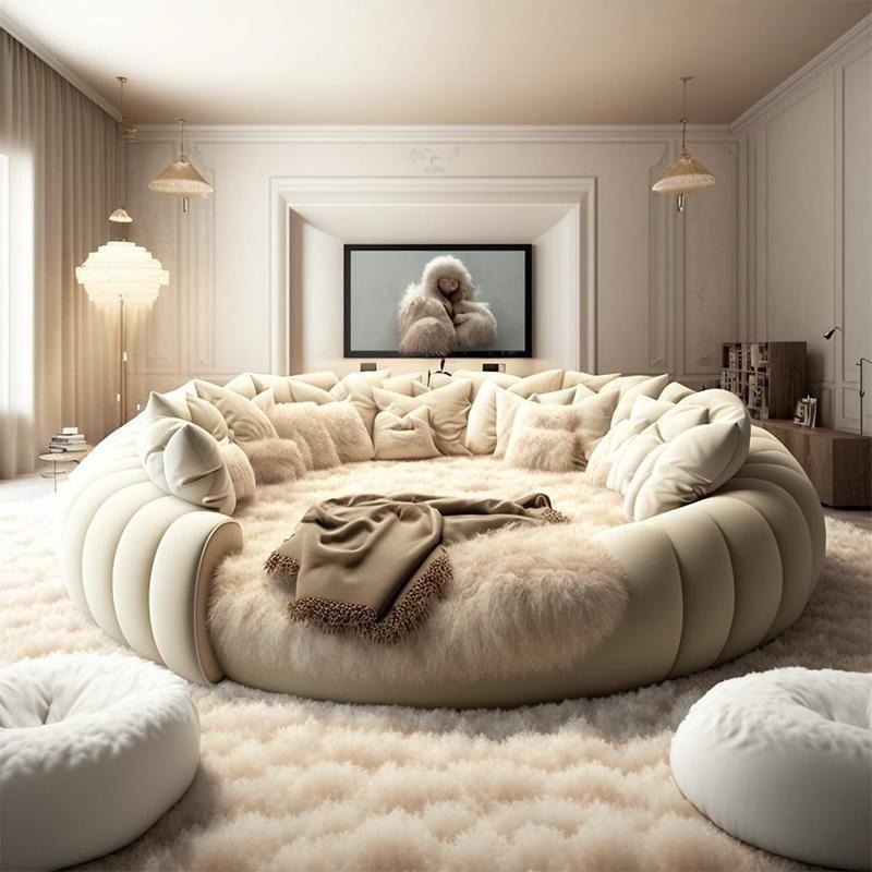 Cream-Style Round Bed – Modern Double Princess Wedding Bed with Spring & Latex Mattress for Home or Hotel