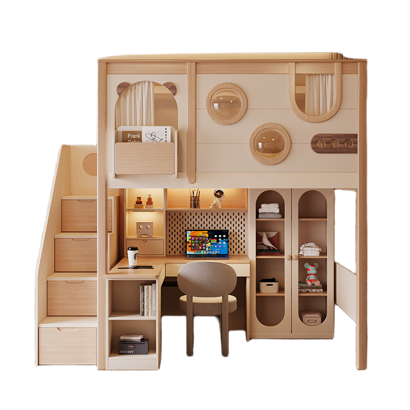 Elegant High-Grade Wood Loft Bed with Desk, Bookshelf, Wardrobe, Slide, and Free Mattress - New